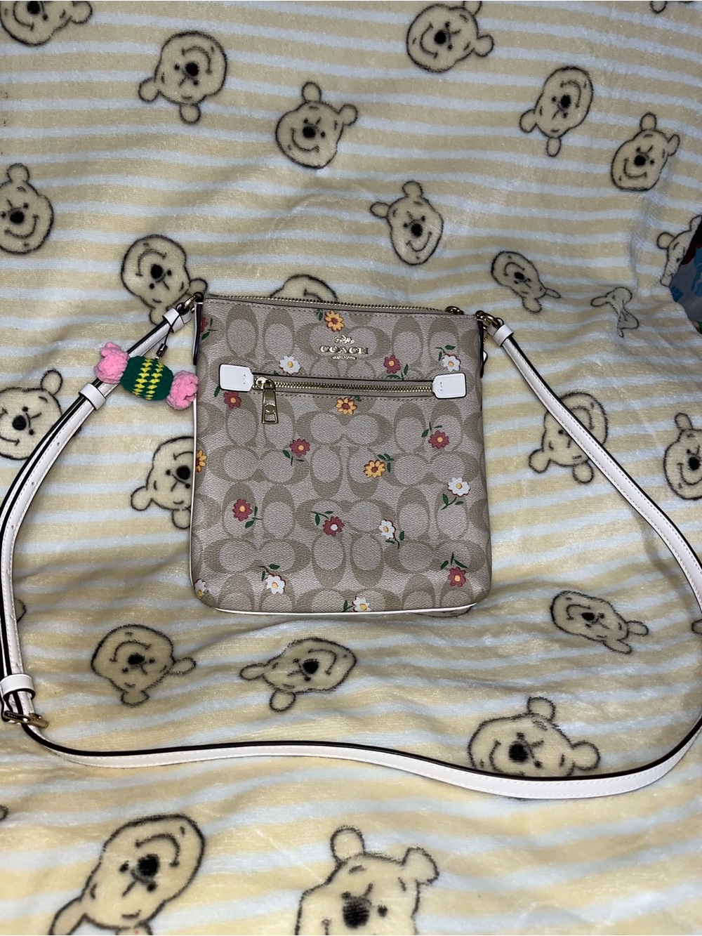 Coach Beige Signature Floral Crossbody with White Strap
